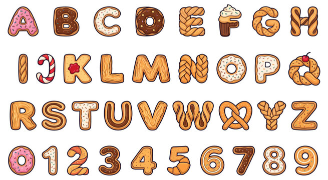 Bakery alphabet and numbers, sweet pastry font vector illustration. Delicious set of English alphabet letters and numbers made from various baked goods and pastry. Vector illustration.