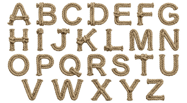 Alphabet set created from textured brown rope isolated on white background. Graphic collection featuring letters of alphabet constructed from realistic brown rope texture. Vector illustration.