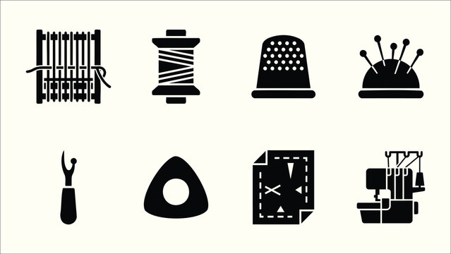 Solid silhouette sewing and tailoring tools icon set collection vector