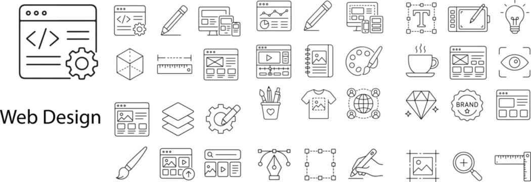 Responsive Web Design and UI/UX Development Linear Vector Icon Set for Frontend Coding, Creative Branding, and Digital Studio Wireframes