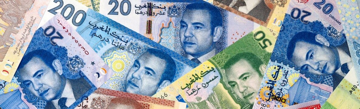 Moroccan dirham money bills in pile on table. Morocco MAD currency cash close up