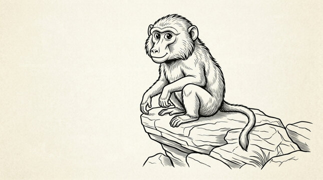 Sketch of a monkey sitting on a rock.