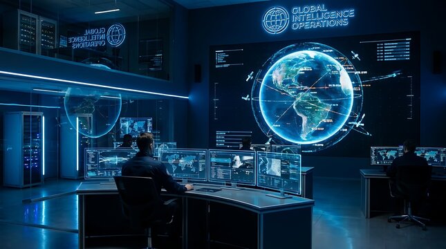 Operators working in a high tech global intelligence operations center with large digital screens displaying satellite data and world maps
