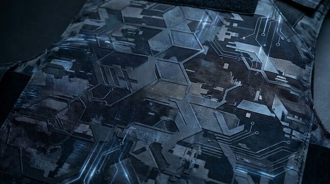 Tactical body armor vest with dark blue geometric circuit board pattern and textured fabric surface in a close up studio shot