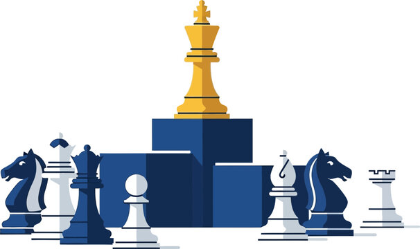 The chess king piece stands on a blue block with other chess pieces around the board for a strategy session to achieve checkmate.