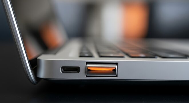 Close-up view of a silver laptop's USB and Thunderbolt ports, showcasing technological connectivity and modern design