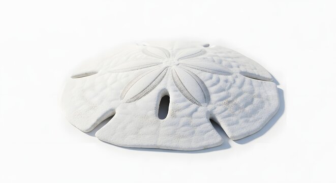White Sand Dollar Shell with Starfish Design on Bright White Background