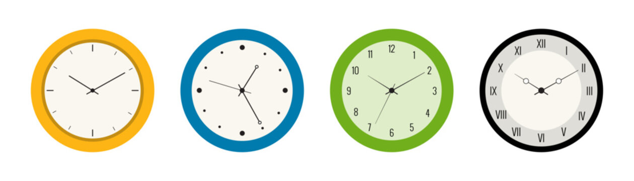 Analogue Wall Clock Icons. Classic analogue clock vector icon showing circular dial face and hands for time measurement deadline tracking and scheduling