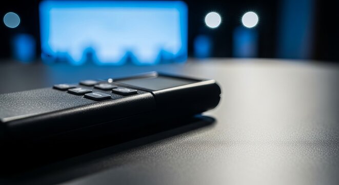 Close-up of a modern black wireless presentation remote control with buttons on a table