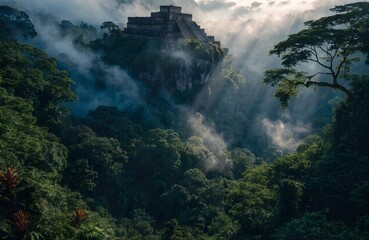Fototapeta premium Ancient Mayan Temple Emerging from Dense Tropical Jungle
