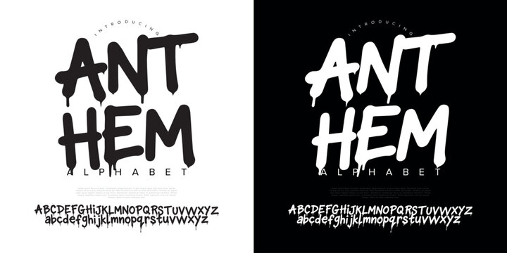 Anthem dripping street art graffiti splash font alphabet vector set for urban clothing design
