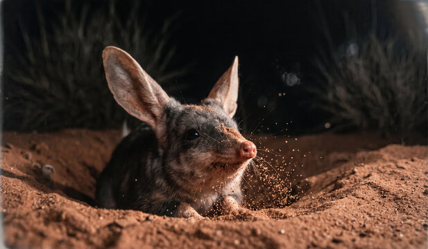 Nocturnal Greater Bilby (Macrotis lagotis) Emerging from Desert Burrow