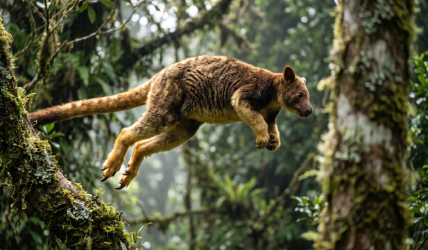Matschie's Tree Kangaroo (Dendrolagus matschiei) Jumping Mid-Air