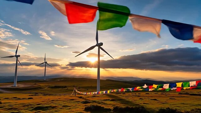 Wind Power on High Plateau with Prayer Flags