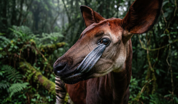 Okapi (Okapia johnstoni) Mid-Grooming Forest Giraffe