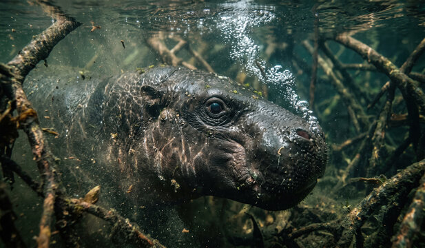 Pygmy Hippopotamus (Choeropsis liberiensis) Underwater Root Swim