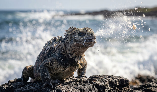 Marine Iguana (Amblyrhynchus cristatus) Salt Excretion Blast