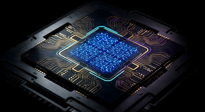 Advanced Quantum Computing Processor Chip with Glowing Blue Superconducting Qubits