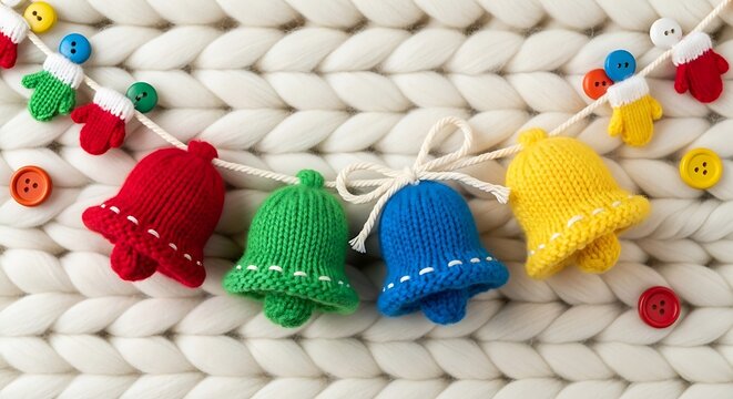 Knitted christmas bells garland with colorful mittens and buttons