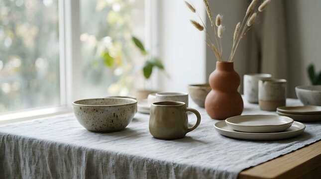 A serene table setting with ceramics and a vase on a tablecloth near a window.