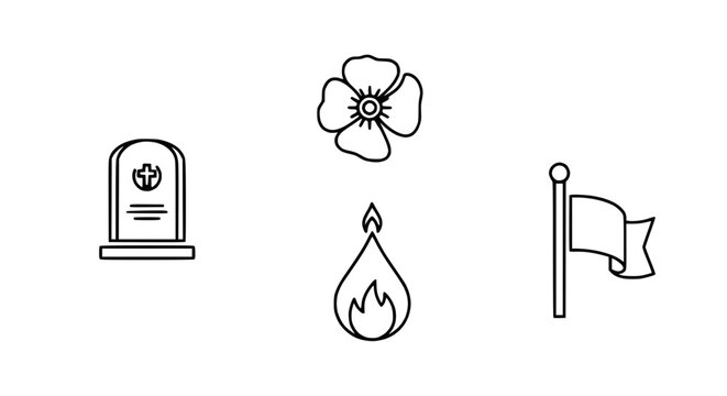 Memorial icons: tombstone, poppy, flame, and flag. Symbols of remembrance and loss.