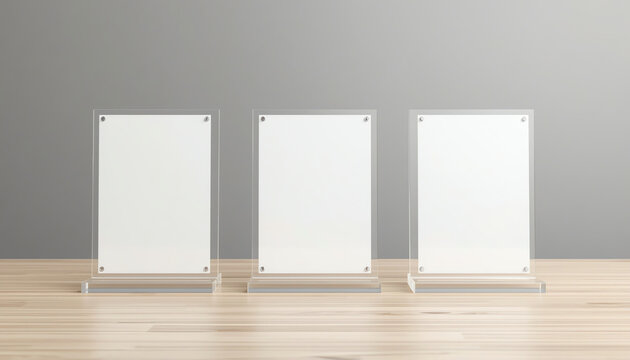 Menu frame standing on wood table isolated on white background with clipping path. space for text marketing promotion Bar restaurant ,Stand for booklets with white sheets of paper. 3d render 