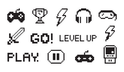 Selection of pixel art gaming icons and text phrases for retro video game themes. © MDABDUR