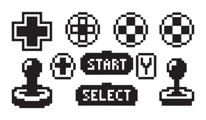 Diverse pixel art control buttons, gamepads, and start select options for gaming interfaces. © MDABDUR
