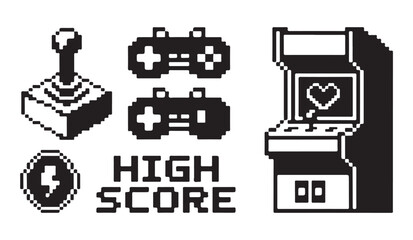 Retro arcade game elements pixel art style joystick controllers and game machine. © MDABDUR