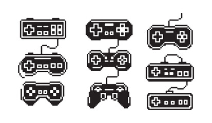 Various retro pixel art video game controllers and connected gamepads in 8 bit style. © MDABDUR