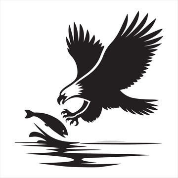Eagle catching fish from water vector silhouette line art concept logo design idea illustration
