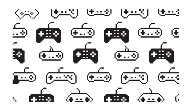 Background seamless pattern of pixel art game controller gamepad hardware tech design.