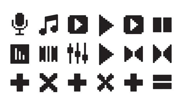 Collection of pixel art media symbols icons for sound music volume control dashboard ui.