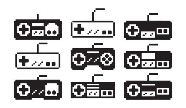 Retro game controller icons collection in pixel art style for classic console gaming design.