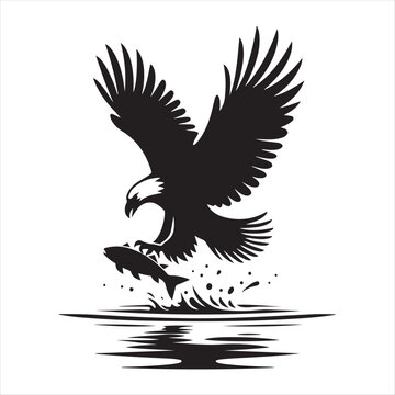 Eagle catching fish from water vector silhouette line art concept logo design idea illustration
