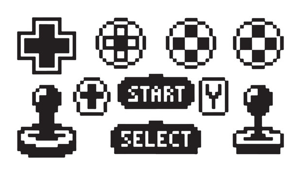 Diverse pixel art control buttons, gamepads, and start select options for gaming interfaces.