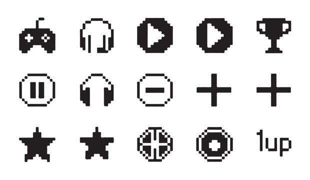 Set of 15 pixel art icons including game controller headphones play pause trophy stars plus sign 1up.