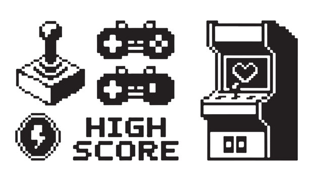 Retro arcade game elements pixel art style joystick controllers and game machine.