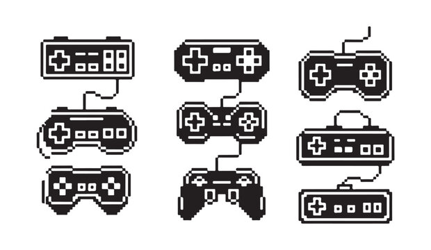 Various retro pixel art video game controllers and connected gamepads in 8 bit style.