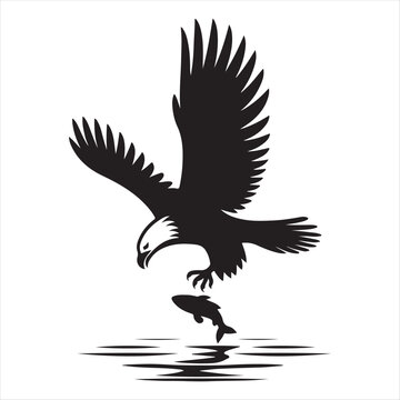 Eagle catching fish from water vector silhouette line art concept logo design idea illustration
