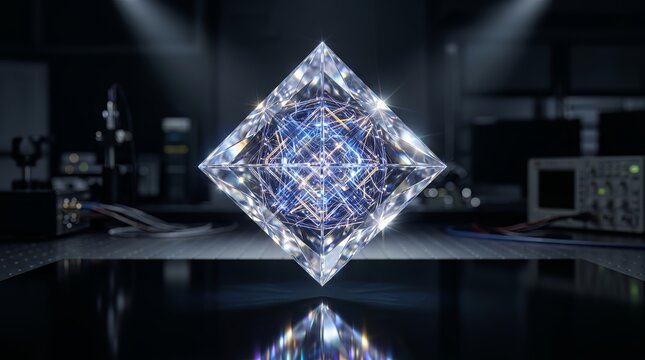 Glowing geometric core radiating intricate digital energy, suspended in a high-tech research lab, symbolizing advanced computing and future innovation
