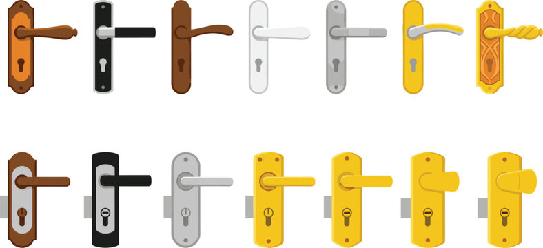Door Handle Vector Icon Set with Vintage Classic and Modern Metallic Lever Knobs with Keyholes for Architecture Interior Design and Hardware Store Graphics