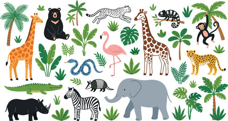 Jungle and Safari Animal Vector Set with Cute Elephant Giraffe Lion and Tropical Palm Trees for Children Nursery Room and Zoo Graphic Designs © MdSaddam