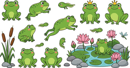 Obraz premium Cute Frog Character Vector Set with Tadpoles Water Lilies and Frog Prince Wearing Golden Crown for Kids Nursery and Pond Life Graphic Designs