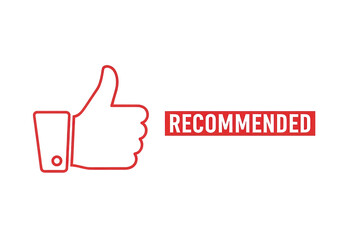 Obraz premium Recommended red stamp with thumbs up icon, customer review and feedback symbol, quality assurance and product recommendation graphic