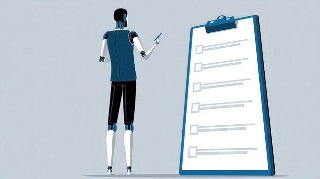 A robot examines a large checklist on a clipboard, symbolizing automation, AI, and task management.