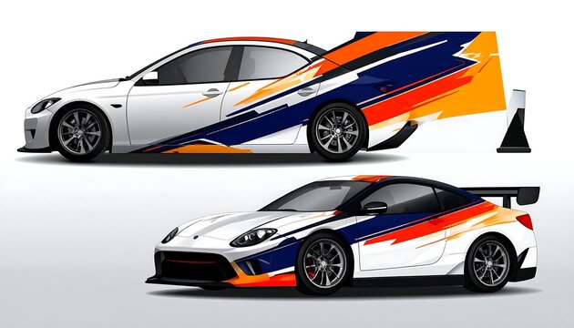 Two side-view car illustrations. One white sedan with an orange, blue, and white livery and large wing. The other a white coupe with a similar design