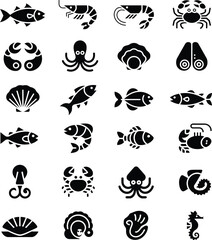 Obraz premium Set of sea creature and seafood icons including fish crab octopus shrimp with sea life, marine anima