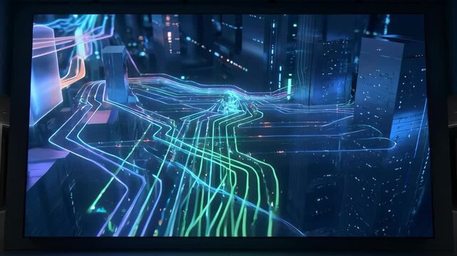 Neon light data streaming through a digital city grid into a glowing hexagonal tunnel.