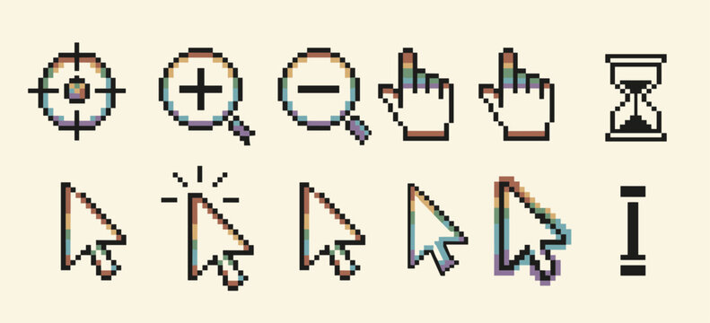 Pixelated computer cursor with rainbow gradient and hourglass target zoom in out click pixel computer
